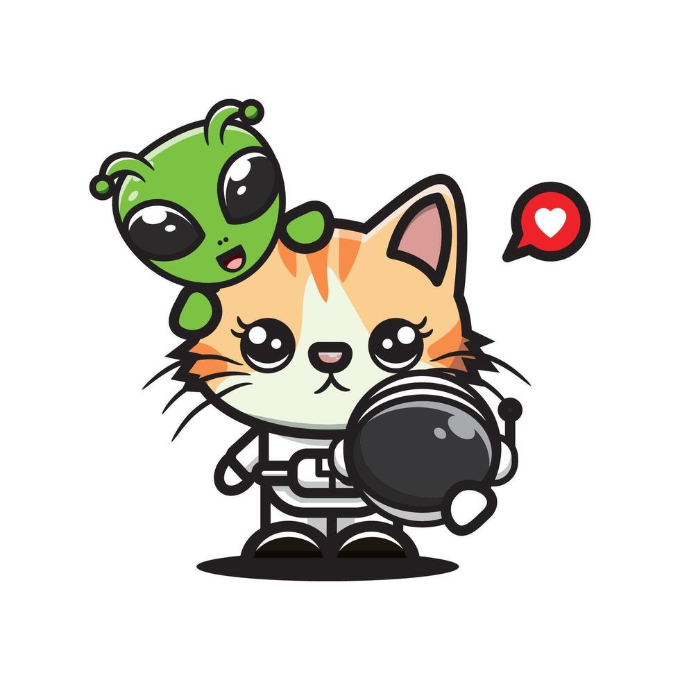 cute vector design illustration of an astronaut cat and an alien