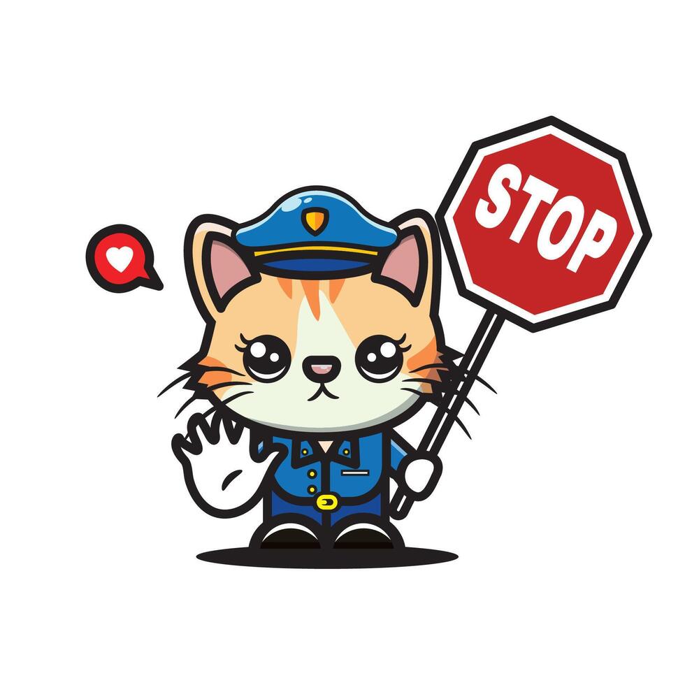 cute vector design illustration of police cat and stop symbol