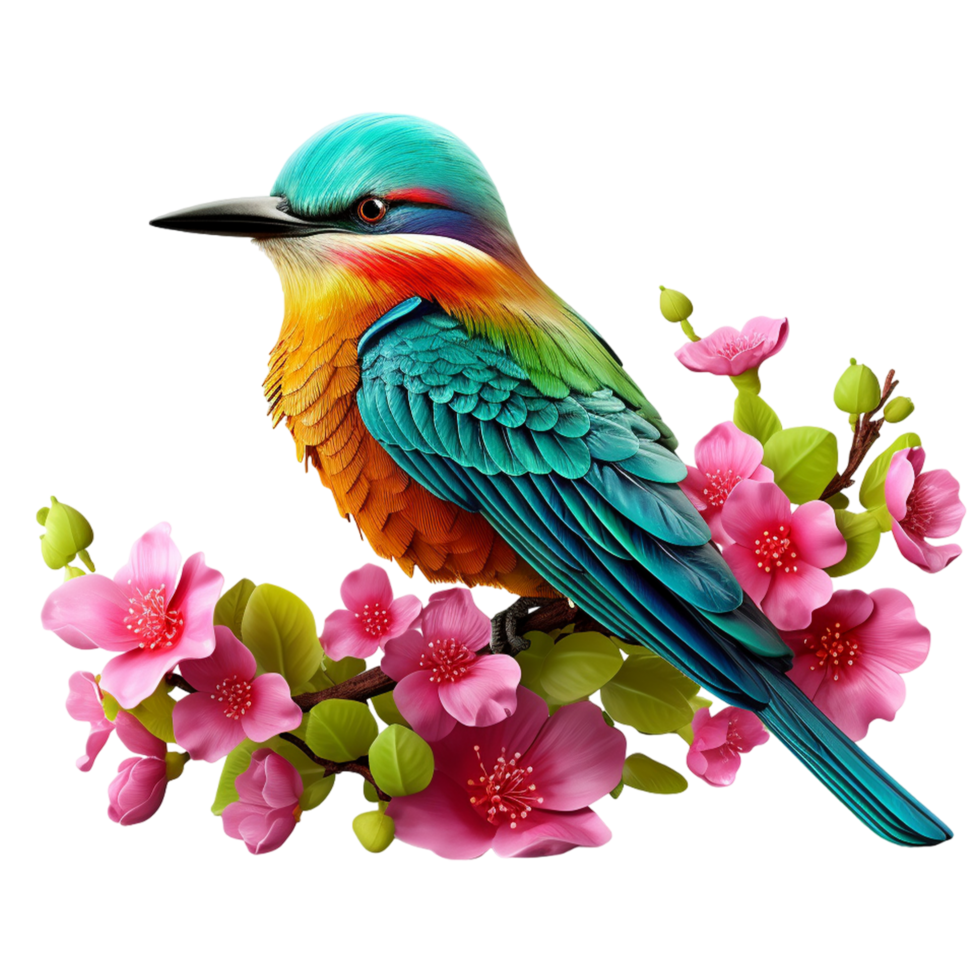 AI generated Beautiful colorful bird sitting on flower branch isolated on transparent background png