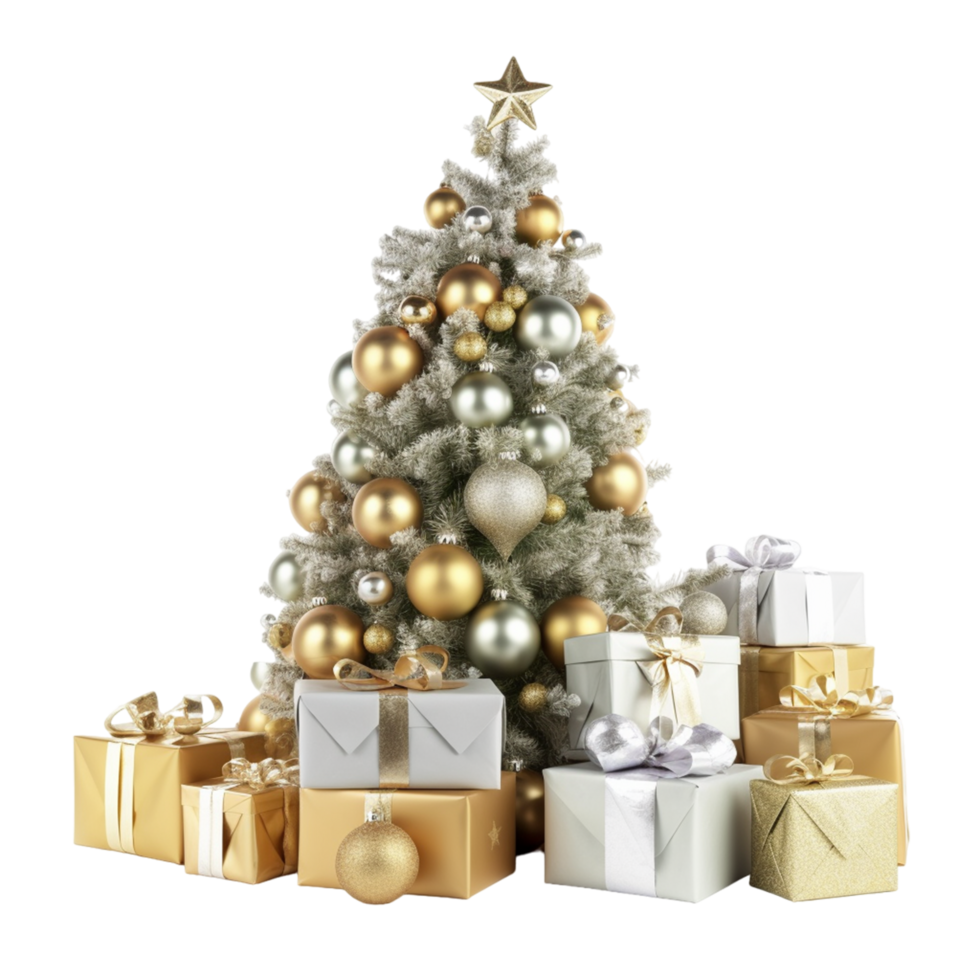 AI generated Decorative christmas tree with gold beads png
