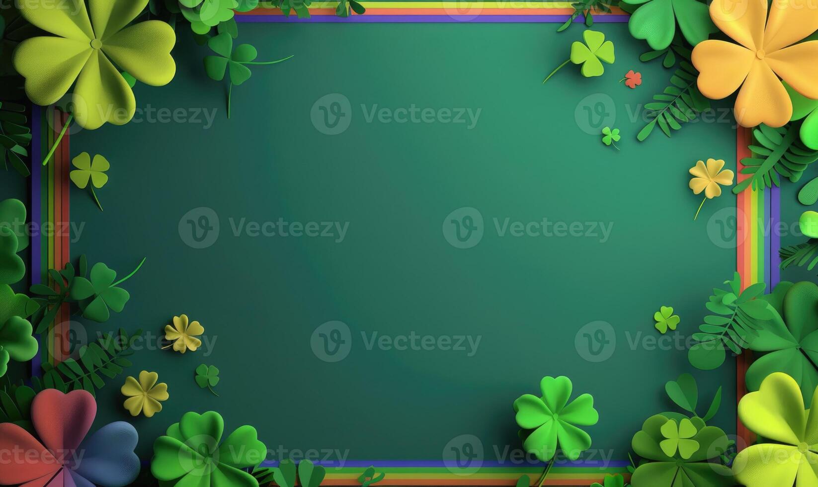 AI generated St. Patrick's Day background with clover leaves. Space for text. Card template. photo