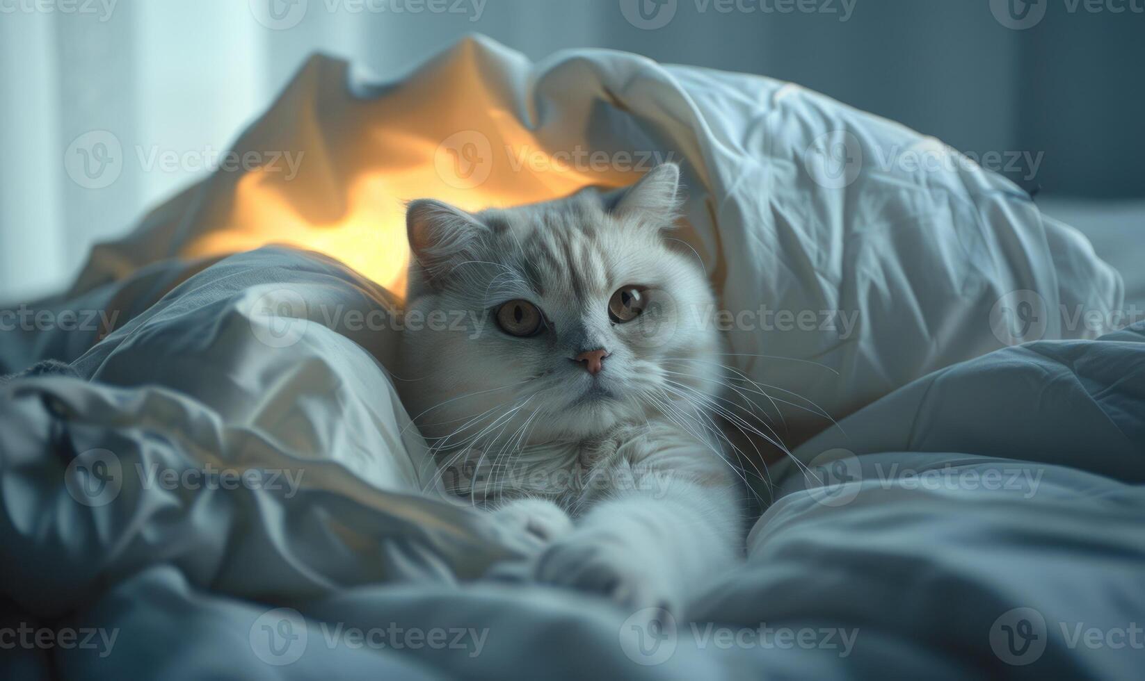 AI generated Persian cat lying on the bed under the blanket at home. photo