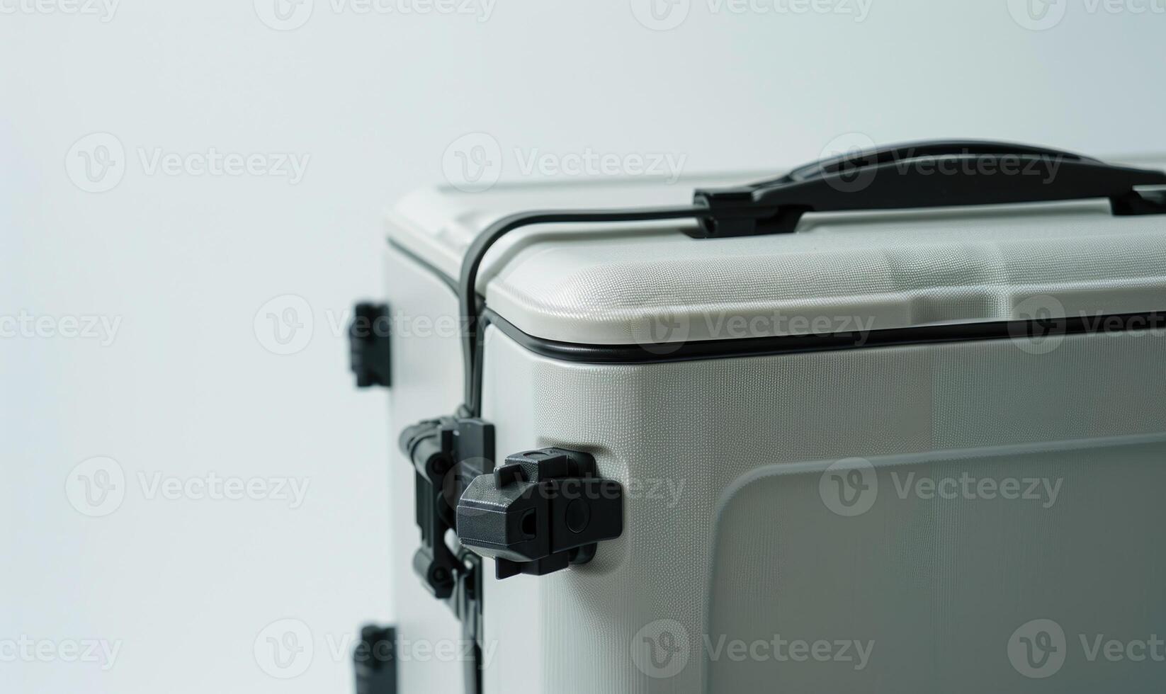 AI generated Close-up of white plastic suitcase with black handle on white background photo