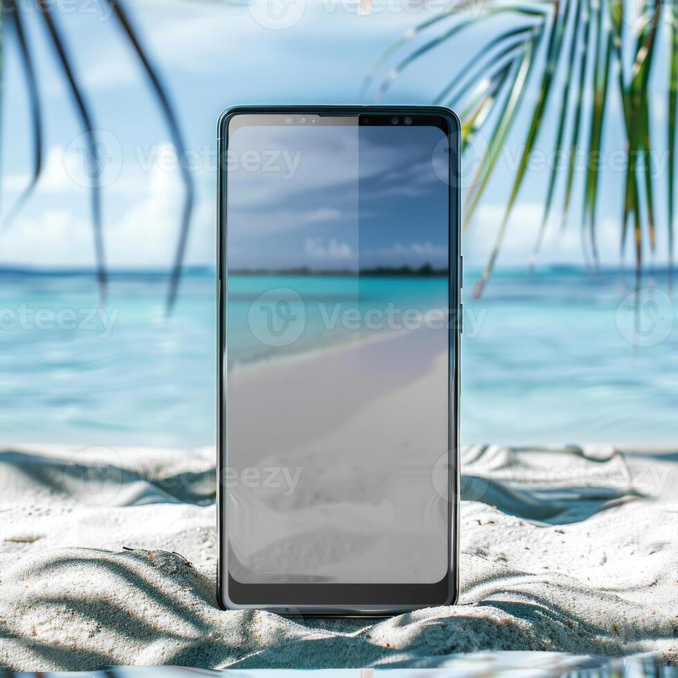 AI generated Smartphone mockup with a blank screen on a tranquil beach background, travel and tourism photo