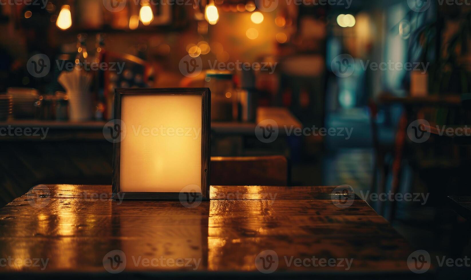 ai generado blanco marco en de madera mesa en cafetería. Bosquejo para diseño foto