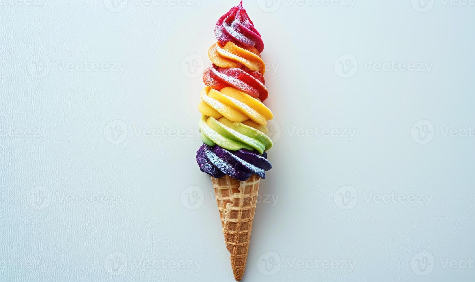 AI generated Rainbow-colored ice cream cone on white background photo