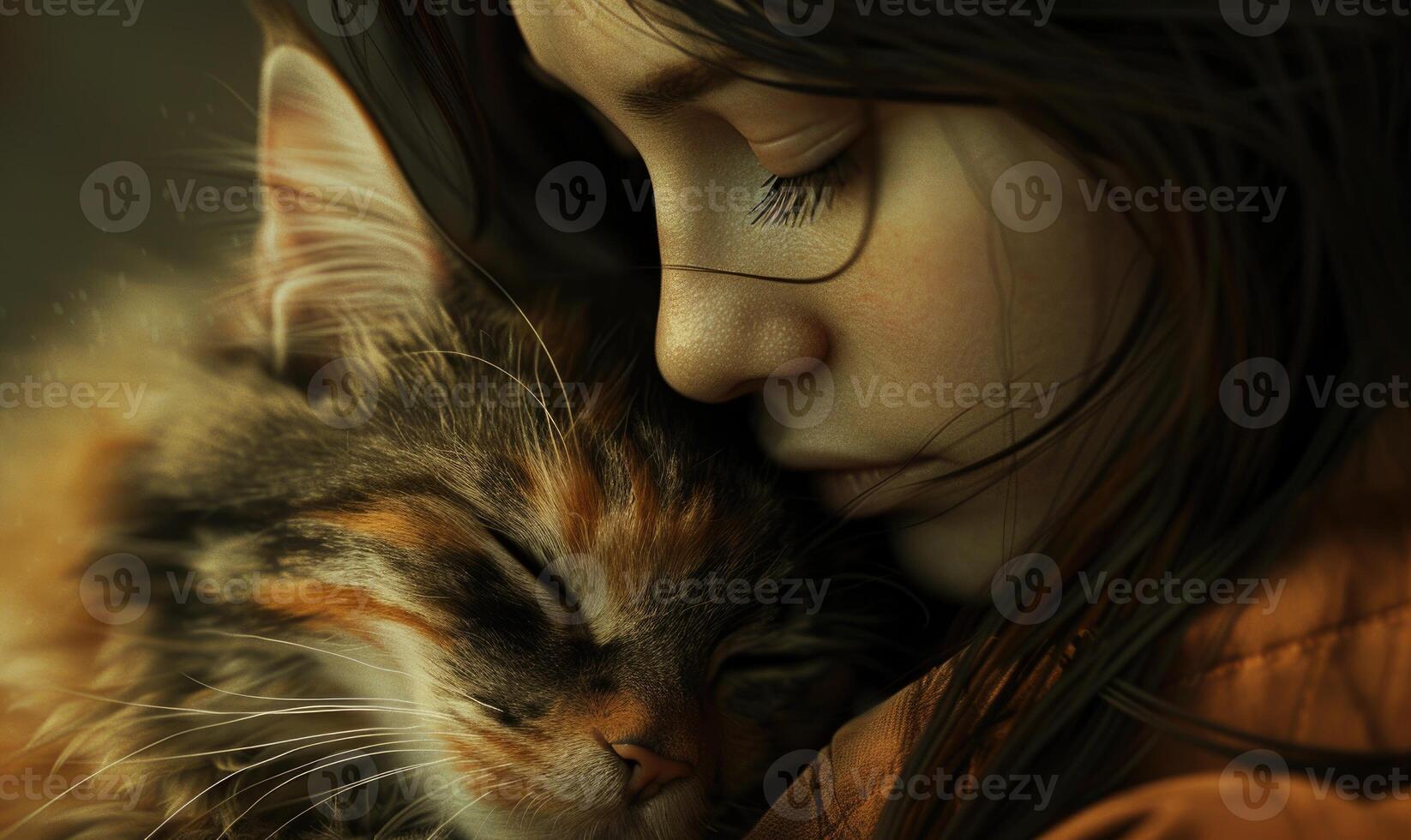 AI generated Beautiful young woman sleeping with her cat. Close-up. photo