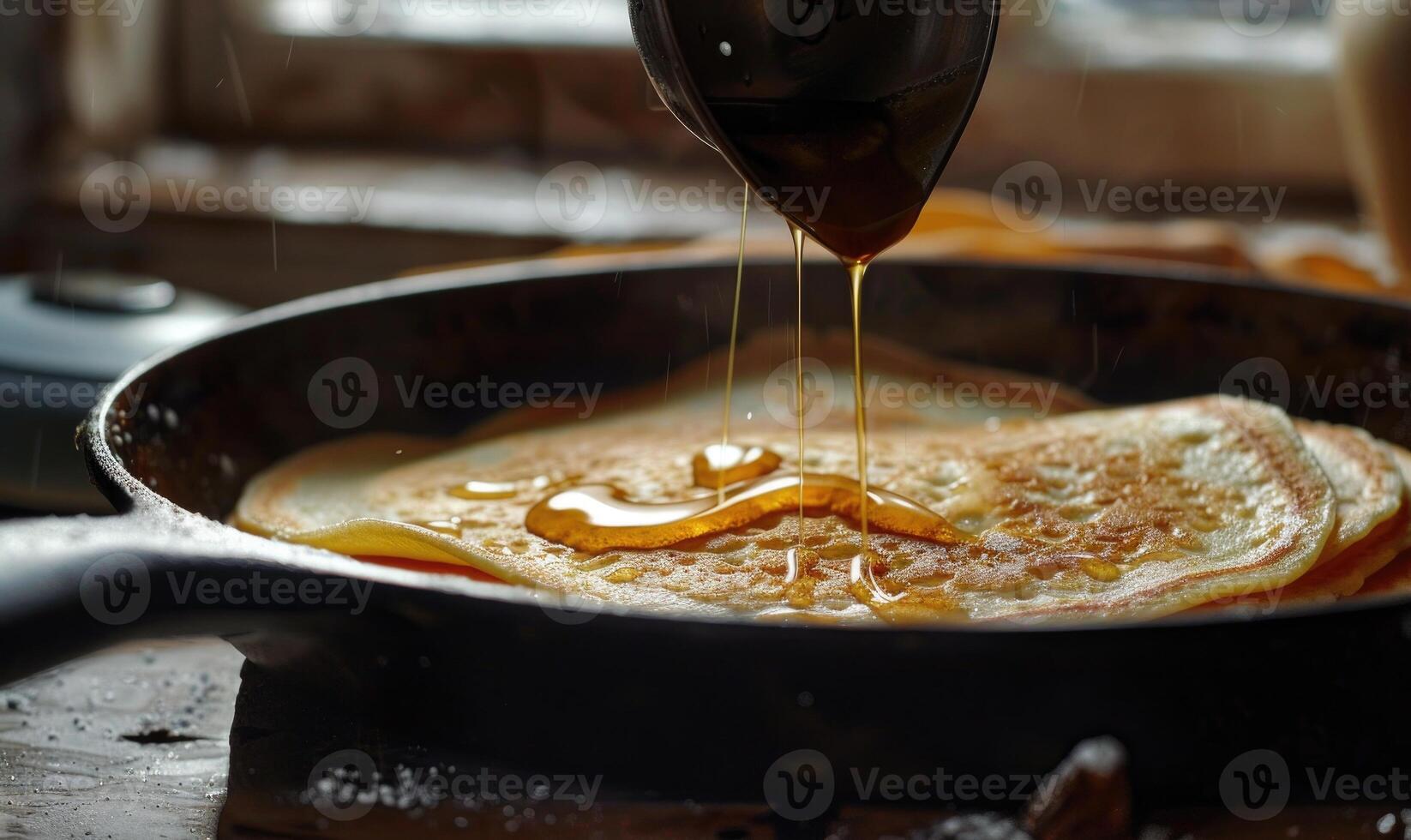 AI generated Pancakes with honey in a frying pan on a wooden table photo