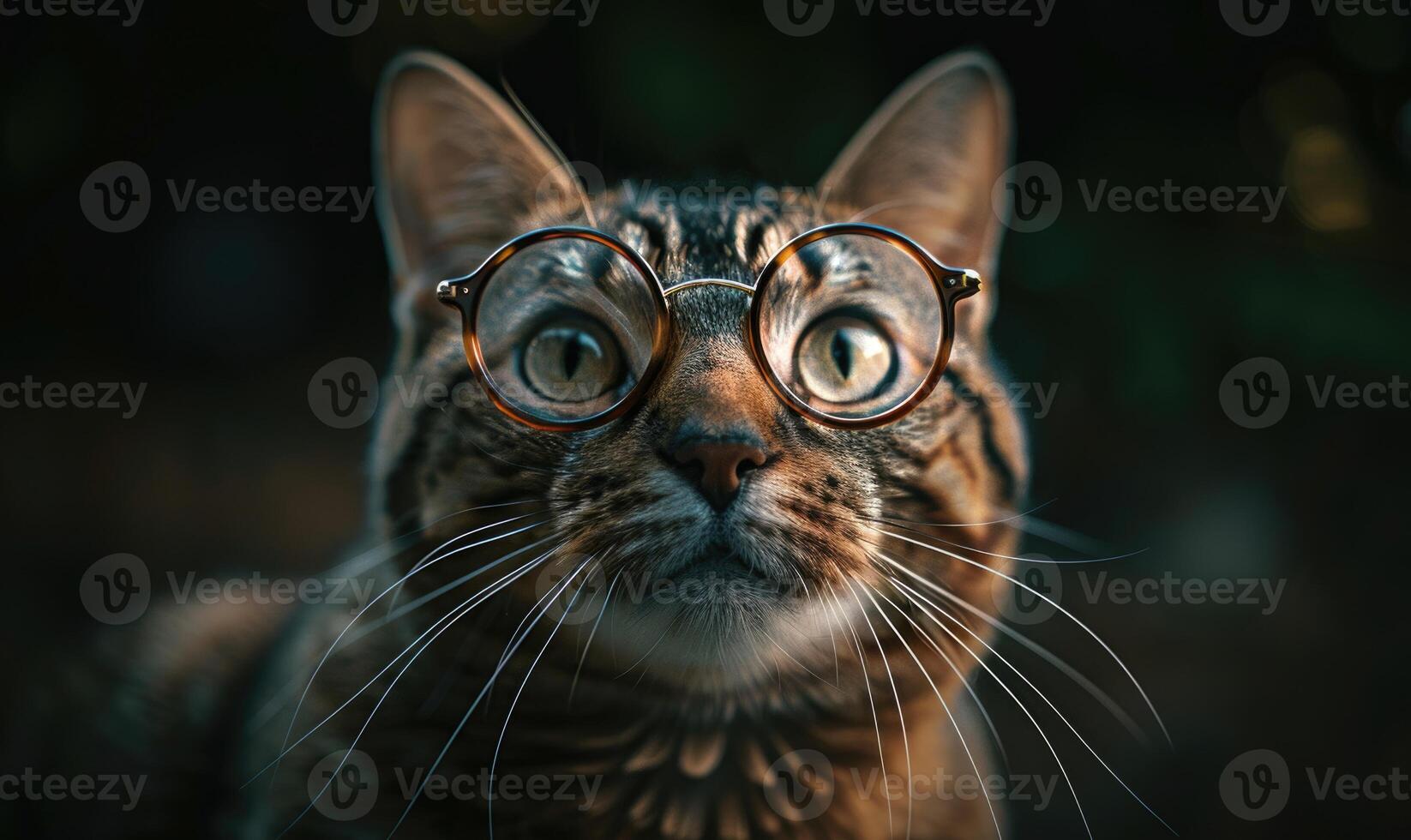 ai generado retrato de un linda gato con lentes en un oscuro antecedentes. foto