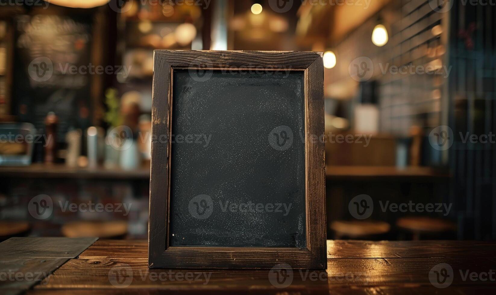 AI generated Empty black chalkboard on a wooden table in a pub or restaurant photo