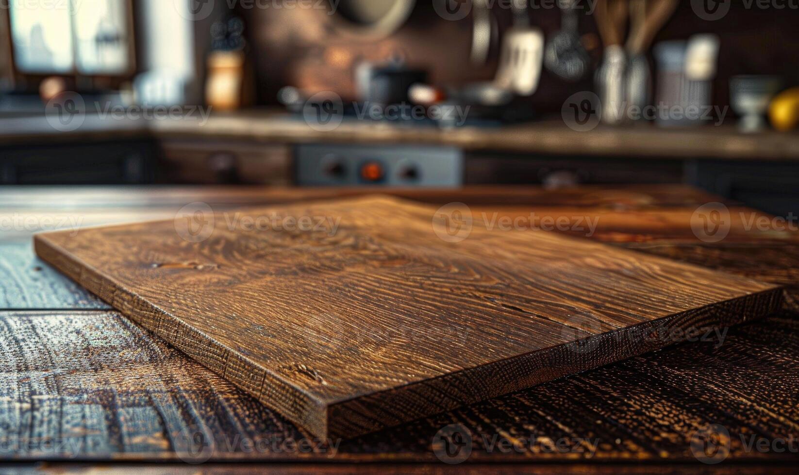 AI generated Wooden board on table in cafe, closeup. Space for text photo
