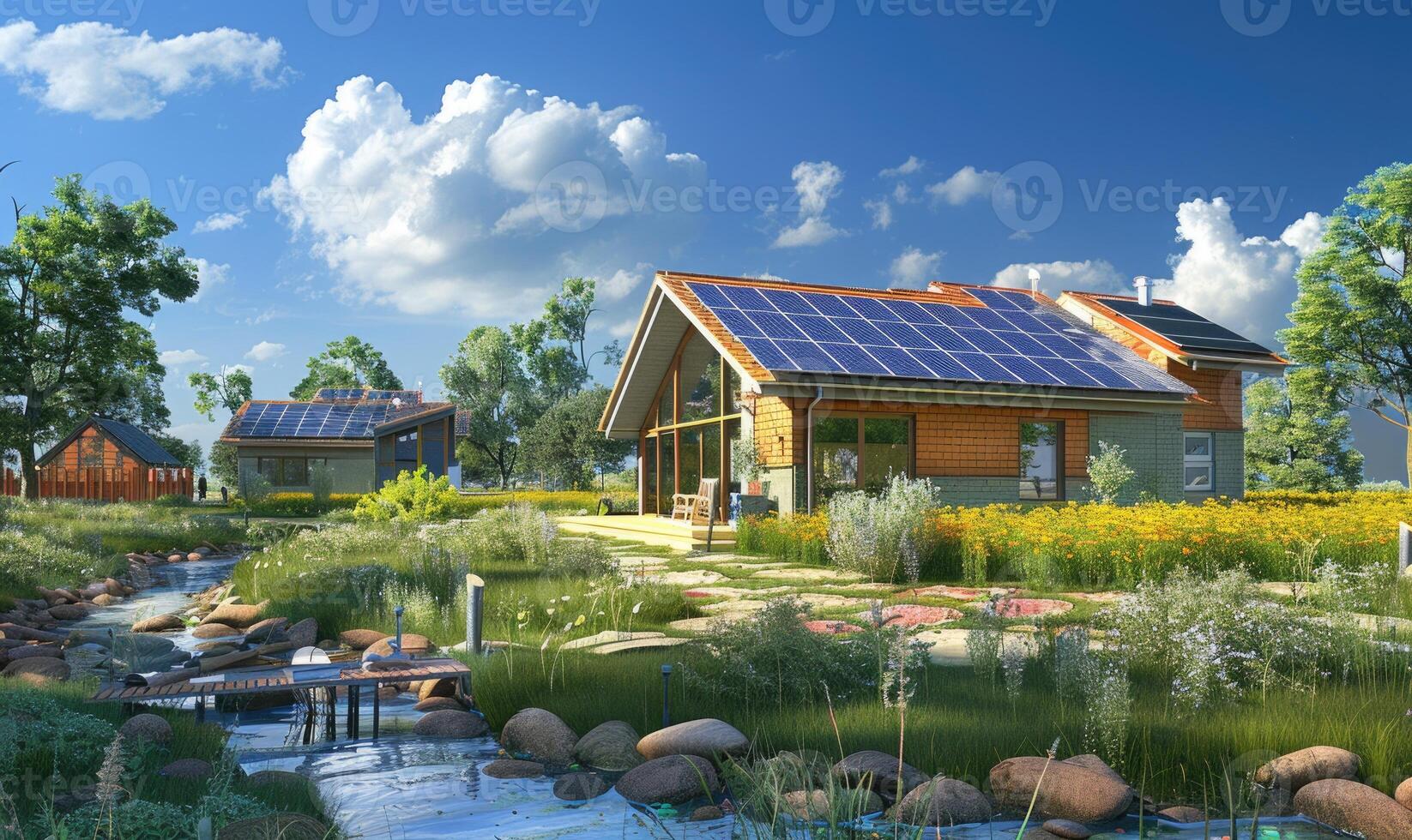 AI generated House with solar panels in the garden. The concept of renewable energy. photo