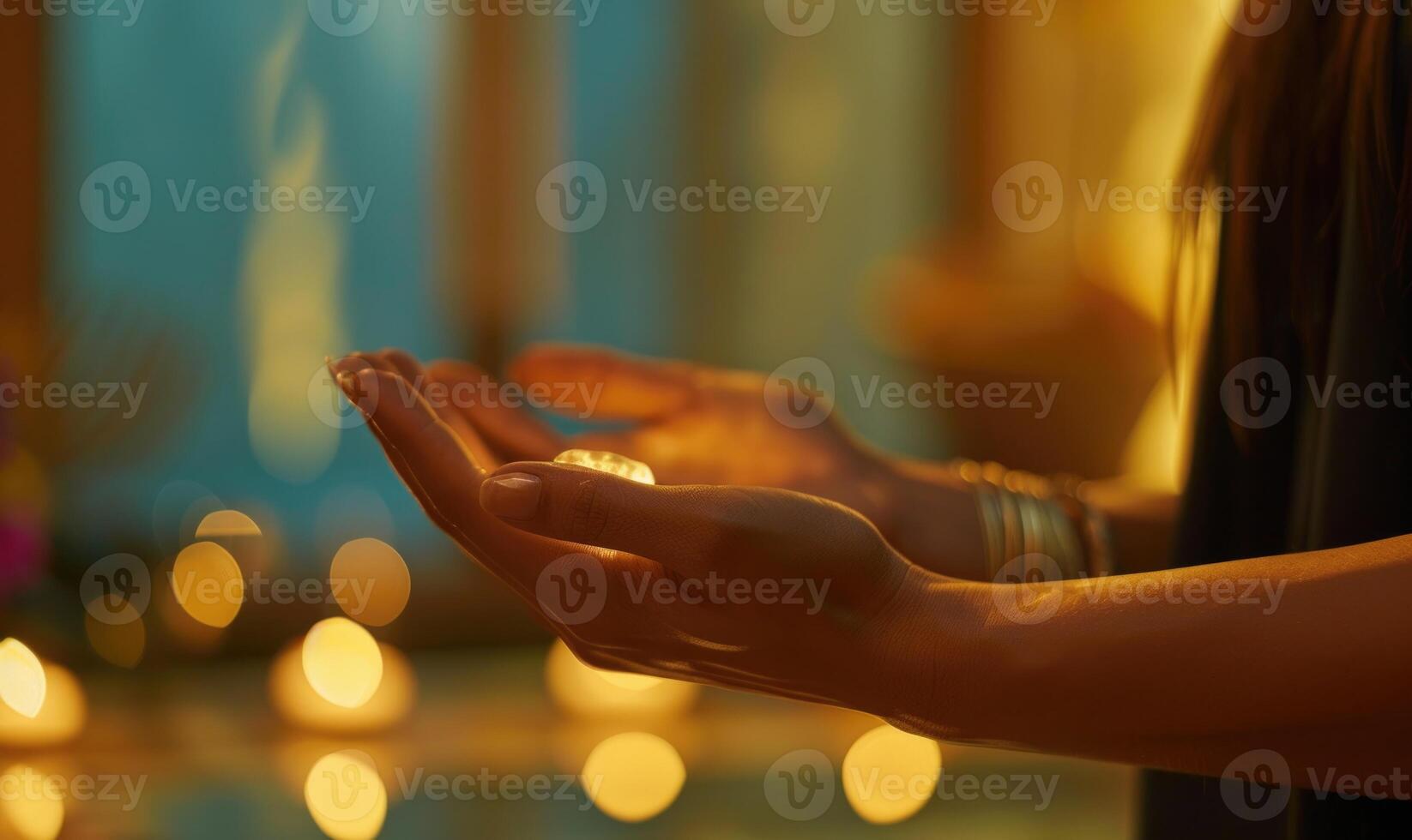 AI generated Close up of woman hands meditating with candle light in background. photo