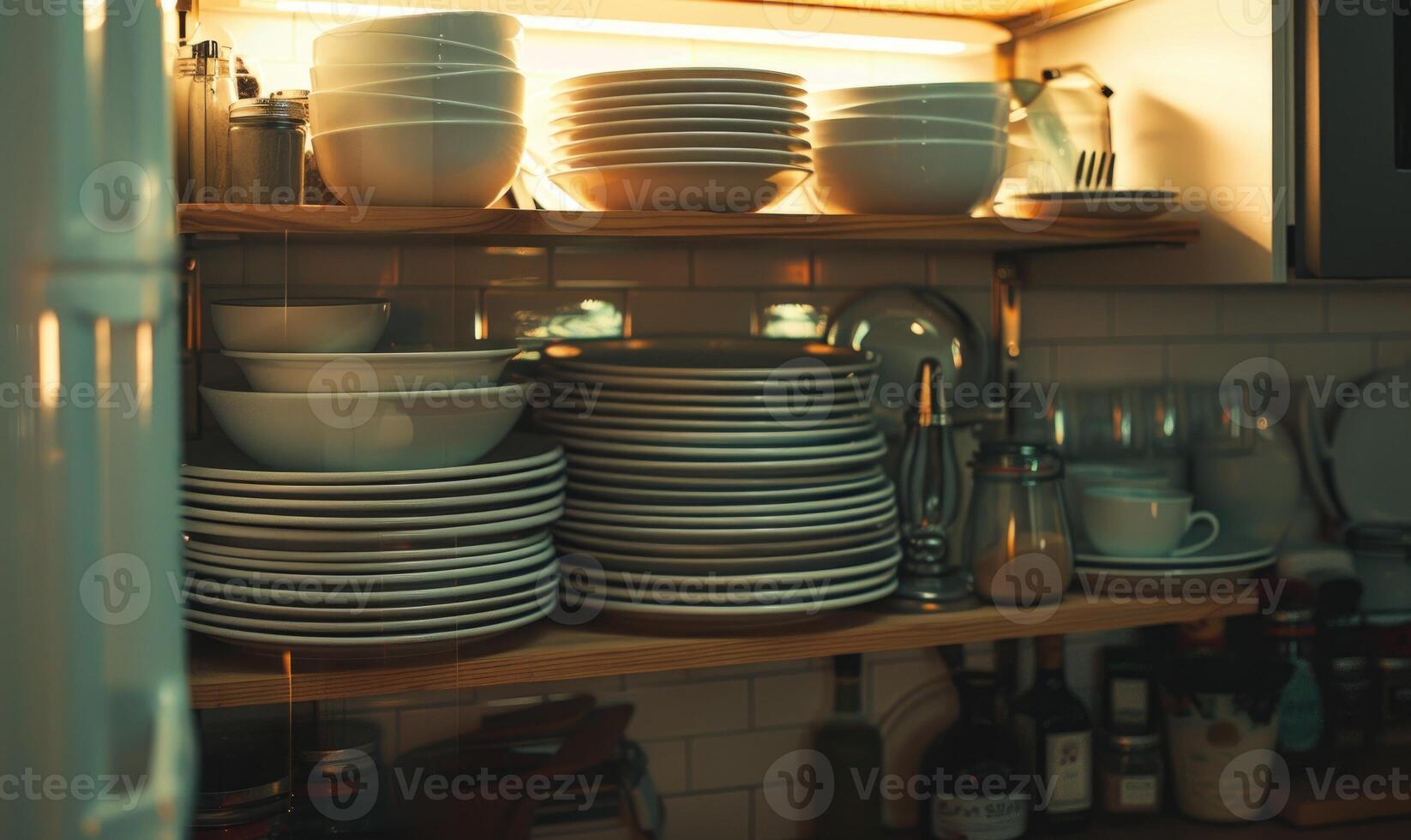 AI generated Dishware in a shelf in a restaurant, closeup of photo