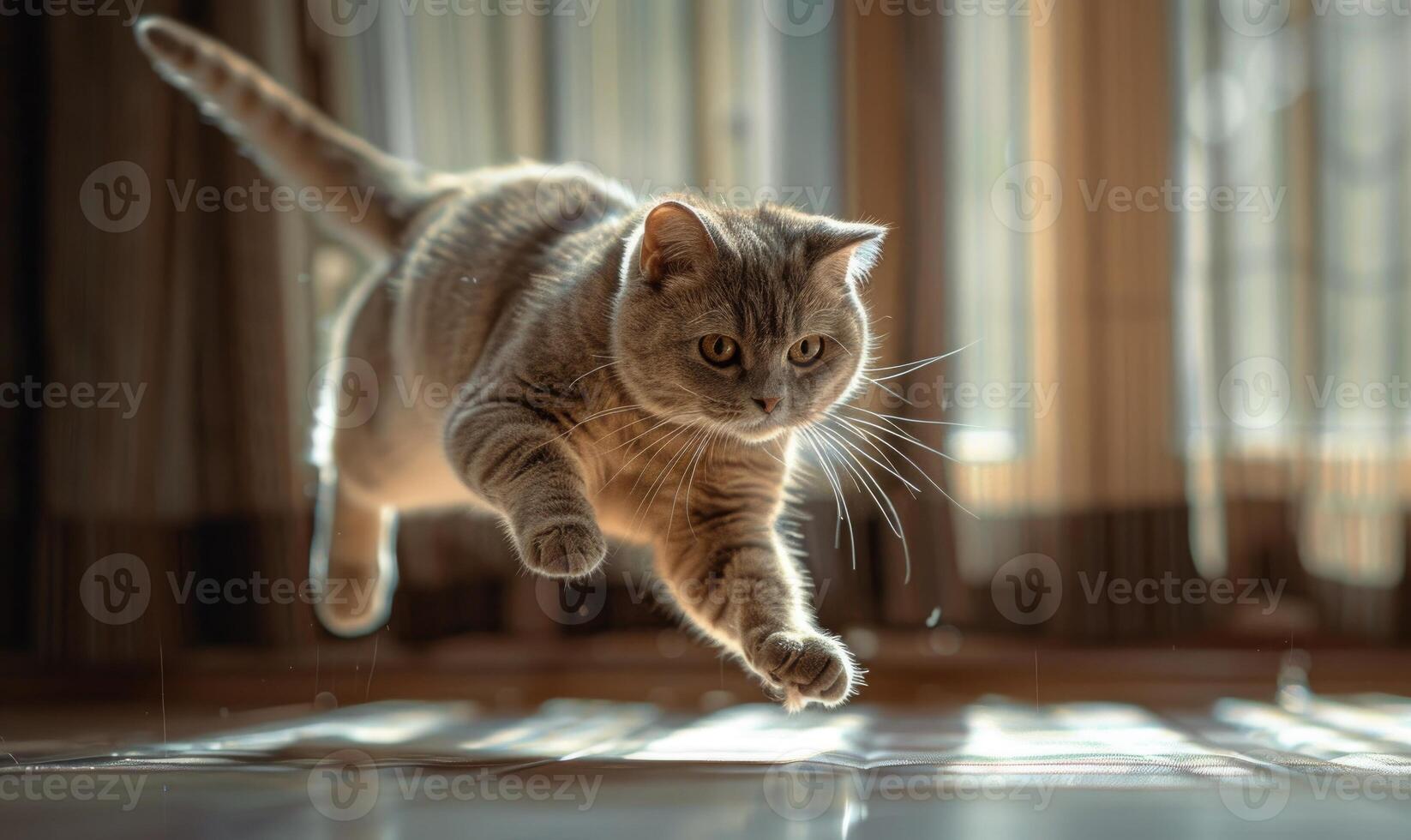 AI generated Beautiful british shorthair cat jumping on floor at home photo