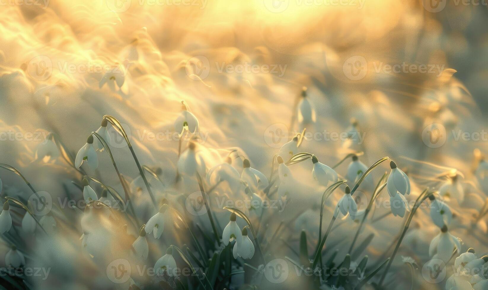 AI generated Snowdrops swaying in the breeze, close up view, soft focus, blurred background photo