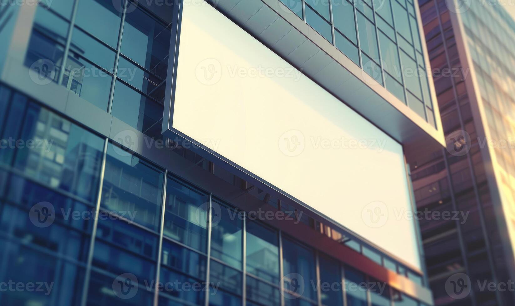 AI generated Blank screen banner mockup displayed on the modern building facade. Close Up view. photo
