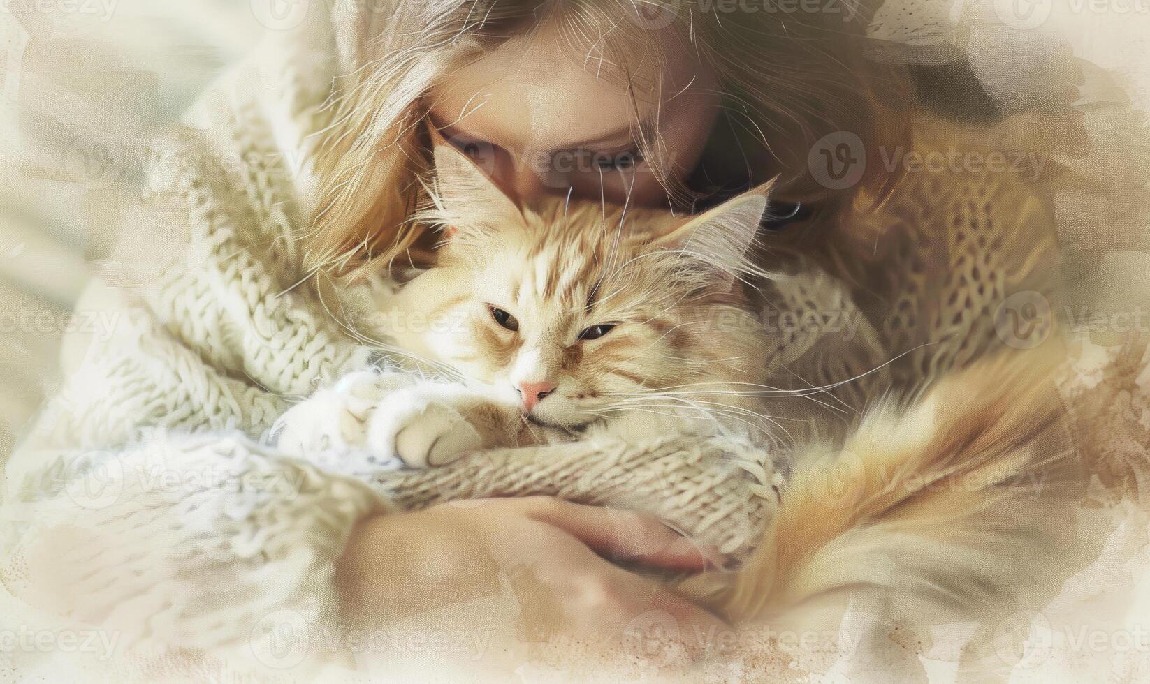 AI generated Cute ginger cat lying in the arms of a young woman. photo