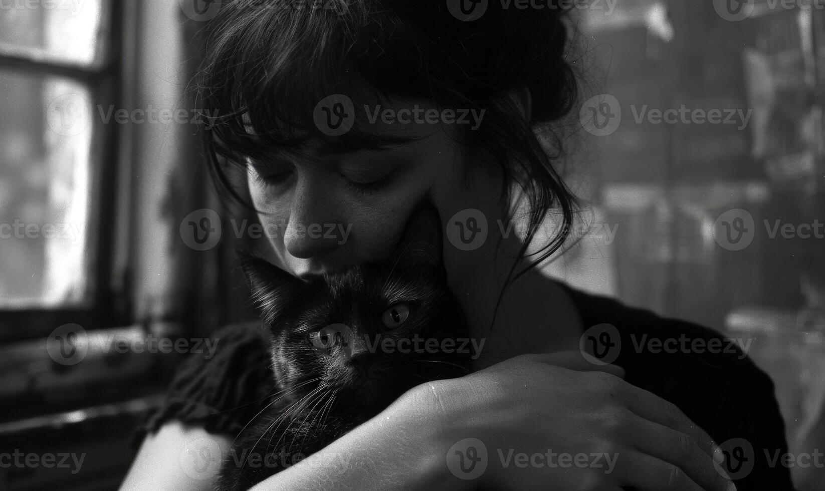 ai generado negro y blanco retrato de un joven mujer con un negro gato en su brazos foto