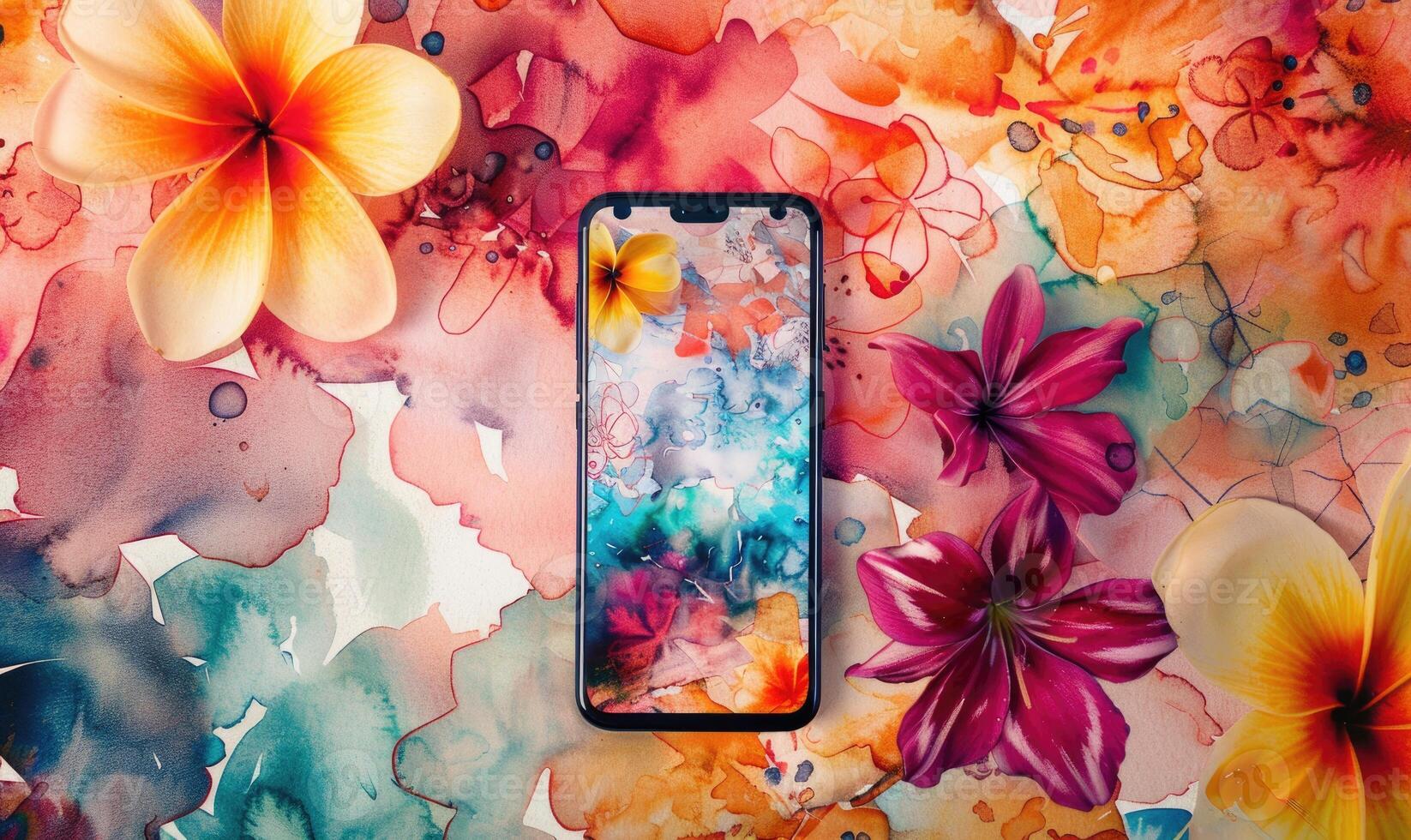 AI generated Artistic smartphone mockup against a vibrant watercolor floral seamless background photo