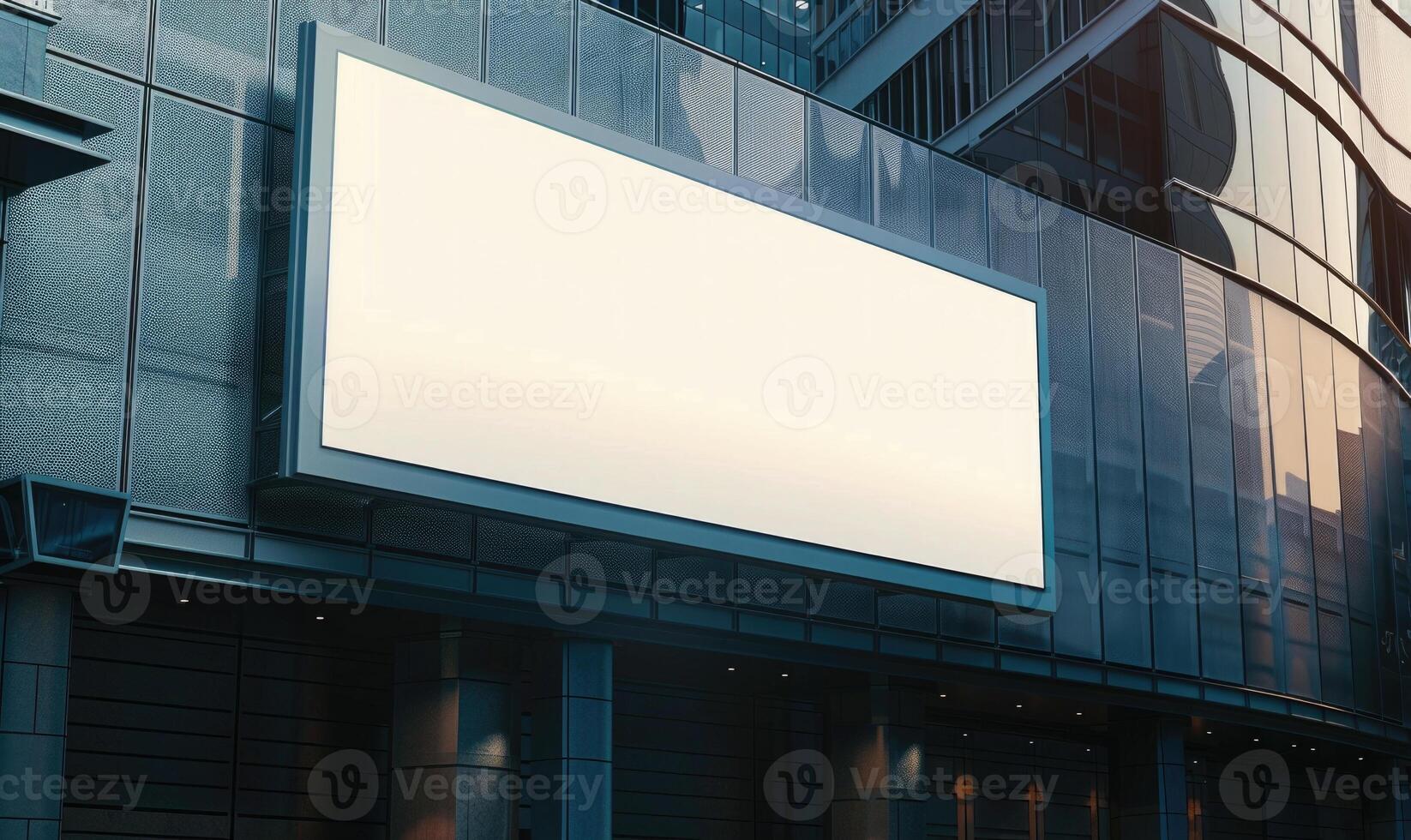 ai generado blanco pantalla bandera Bosquejo desplegado en el moderno edificio fachada. cerca arriba vista. foto