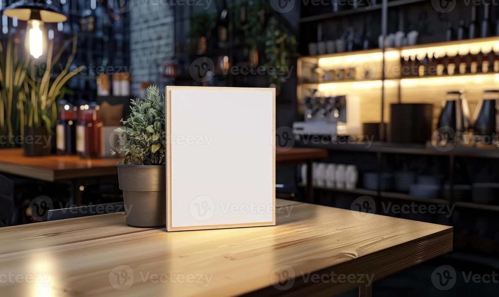 AI generated Blank menu board on table in coffee shop cafe. Blurred background photo