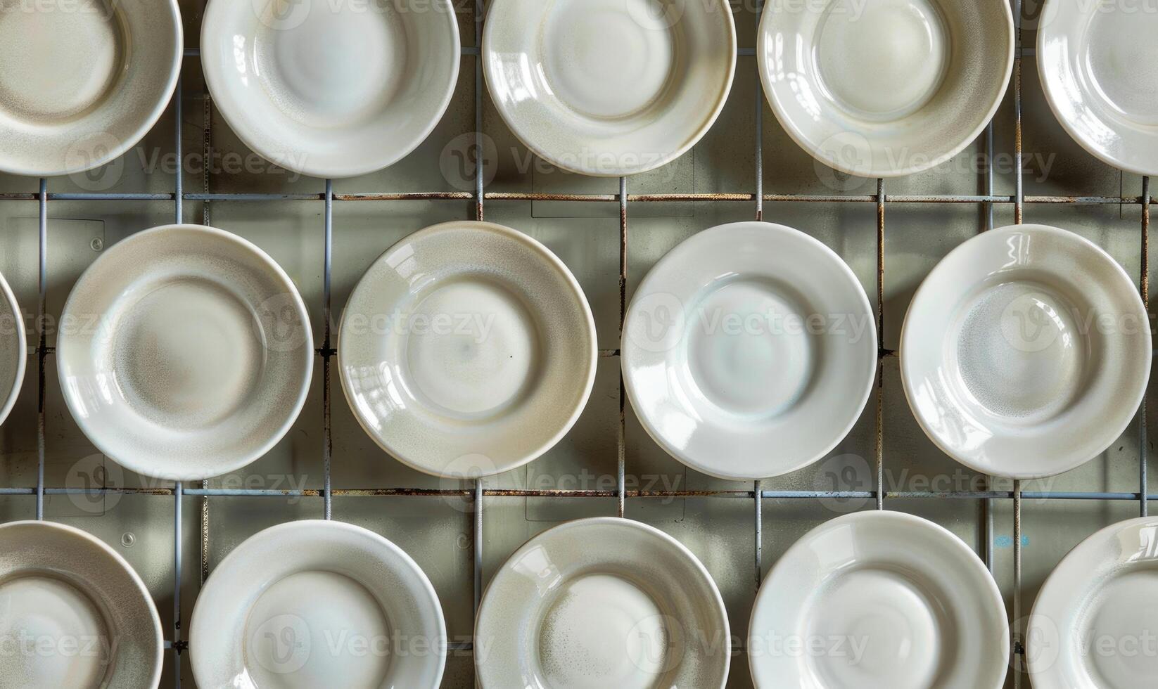 AI generated Ceramic tableware, top view of empty bowls and saucers photo