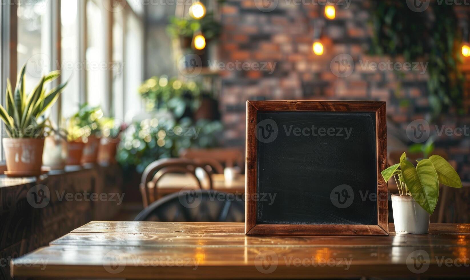 AI generated Empty wooden signboard on a wooden table in a cafe or restaurant photo