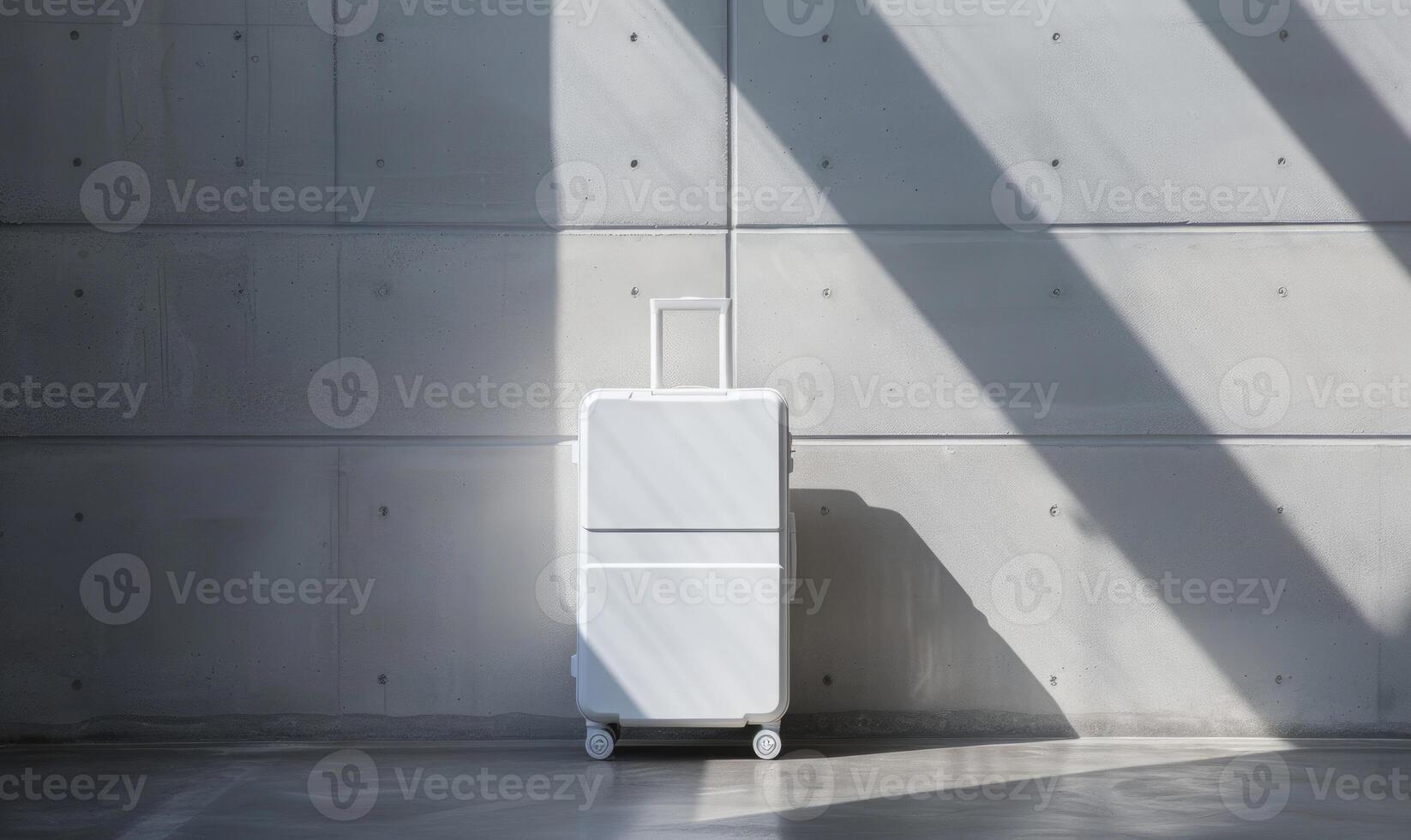 AI generated Travel suitcase on wheels in front of a white wall with shadow. photo