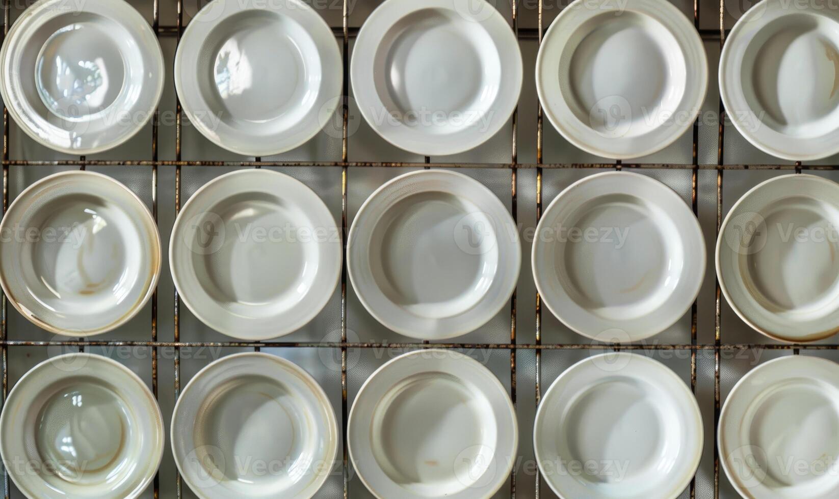 AI generated Ceramic tableware, top view of empty bowls and saucers photo