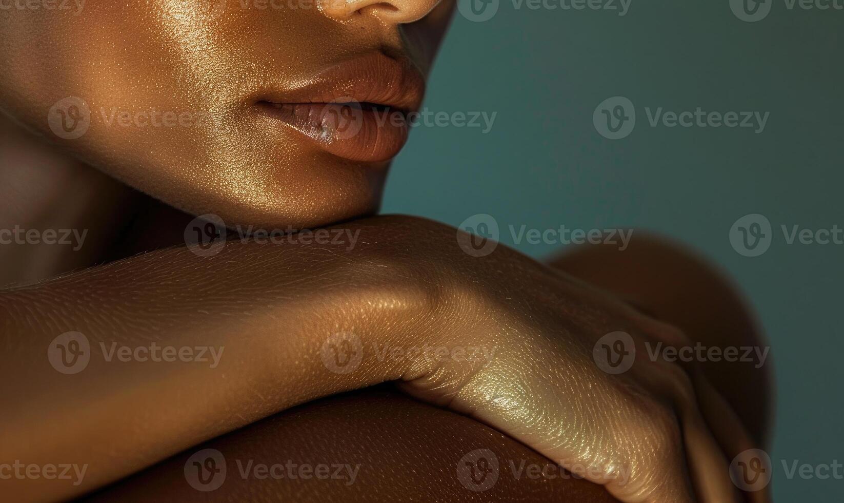 AI generated Closeup of wet female hands with wet skin on dark green background photo