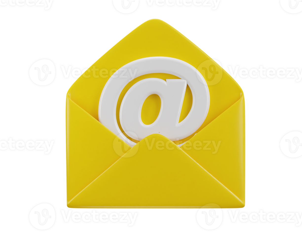 Email icon on yellow envelope with at the rate sign 3d render png