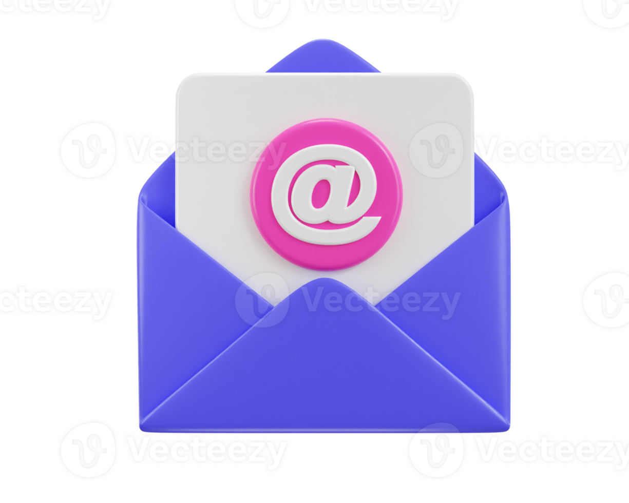 Email icon on purple envelope with at the rate sign 3d render png