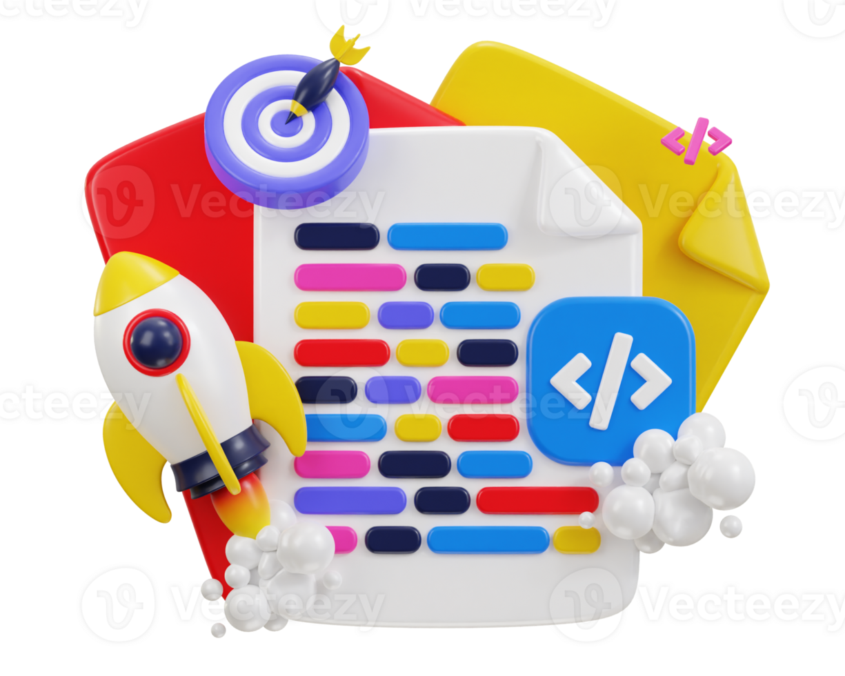3d programming language with target on web development coding symbol with rocket for programmer growth concept icon illustration png