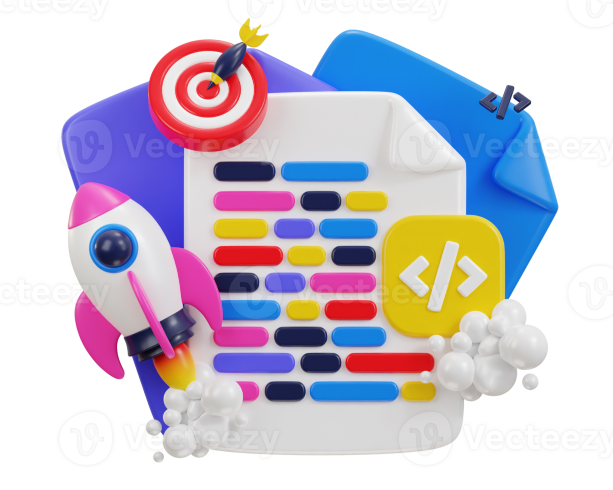 3d programación idioma con objetivo en web desarrollo codificación símbolo con cohete para programador crecimiento concepto icono ilustración png