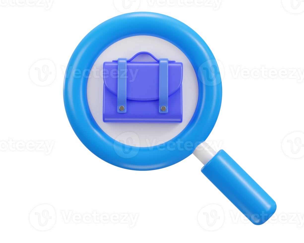 valigia icona con ingrandire bicchiere concetto di lavoro ricerca icona 3d rendere illustrazione png