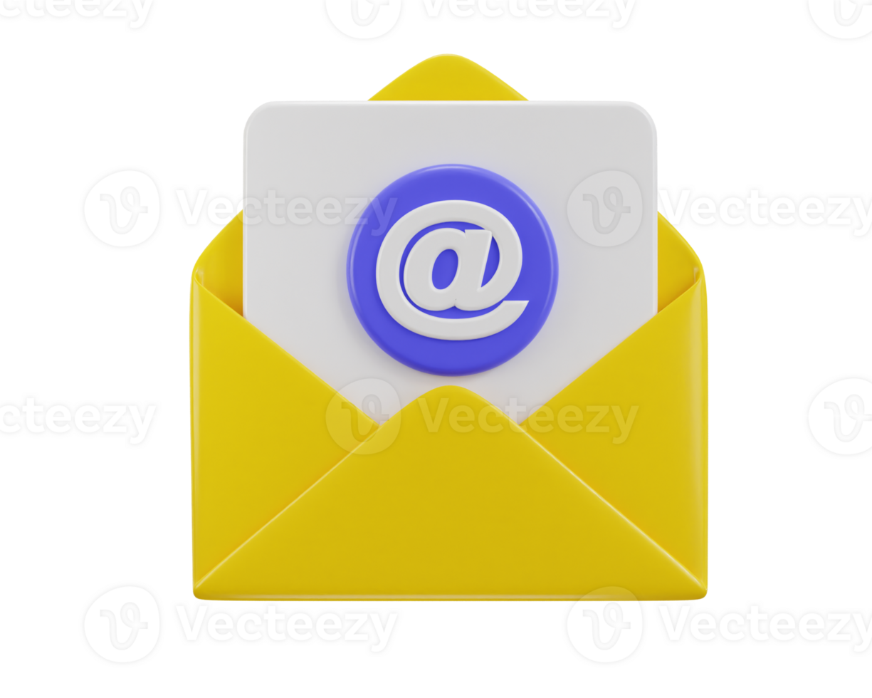 Email icon on yellow envelope with at the rate sign 3d render png
