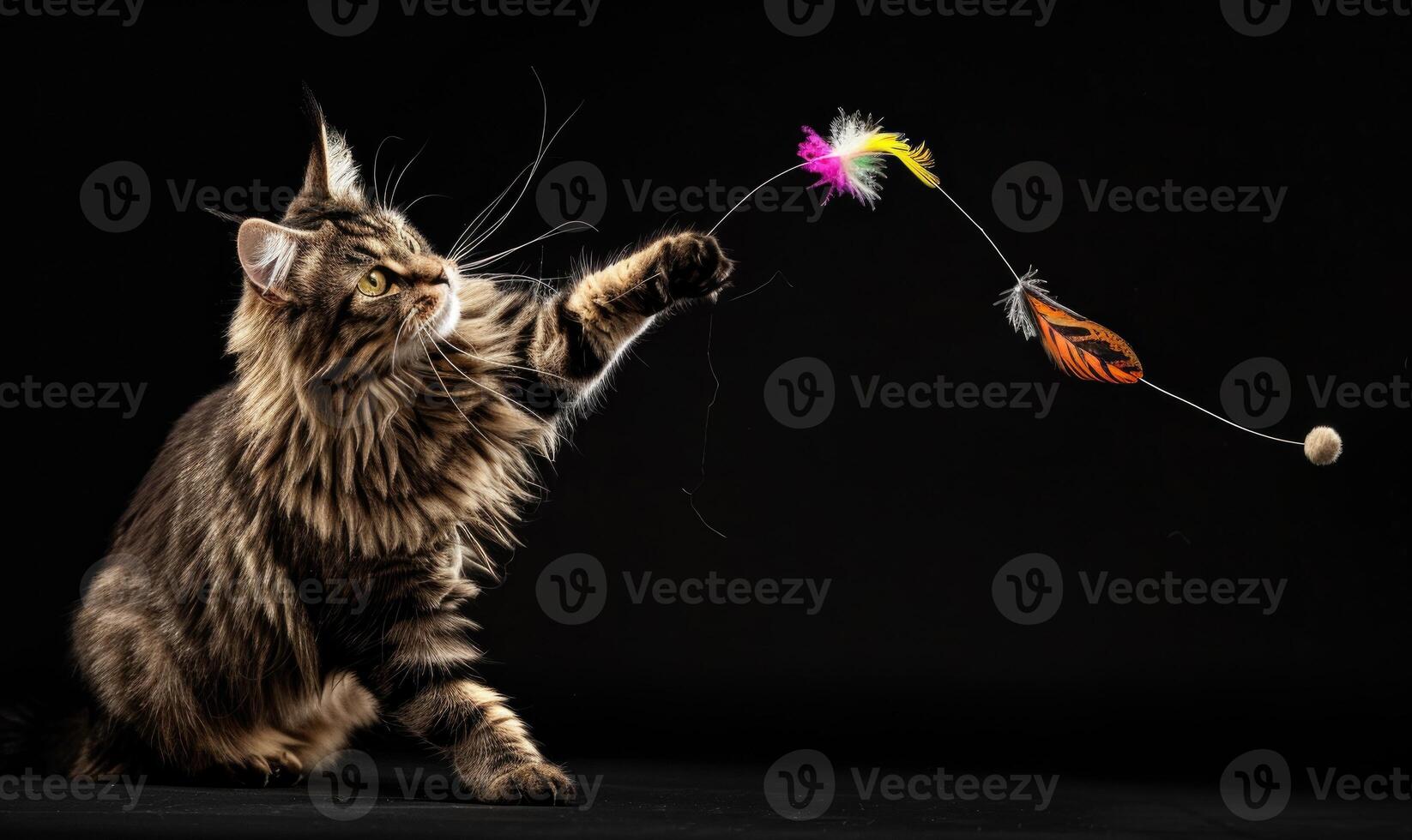 AI generated Maine Coon cat playfully batting at a feather toy in a studio setup photo