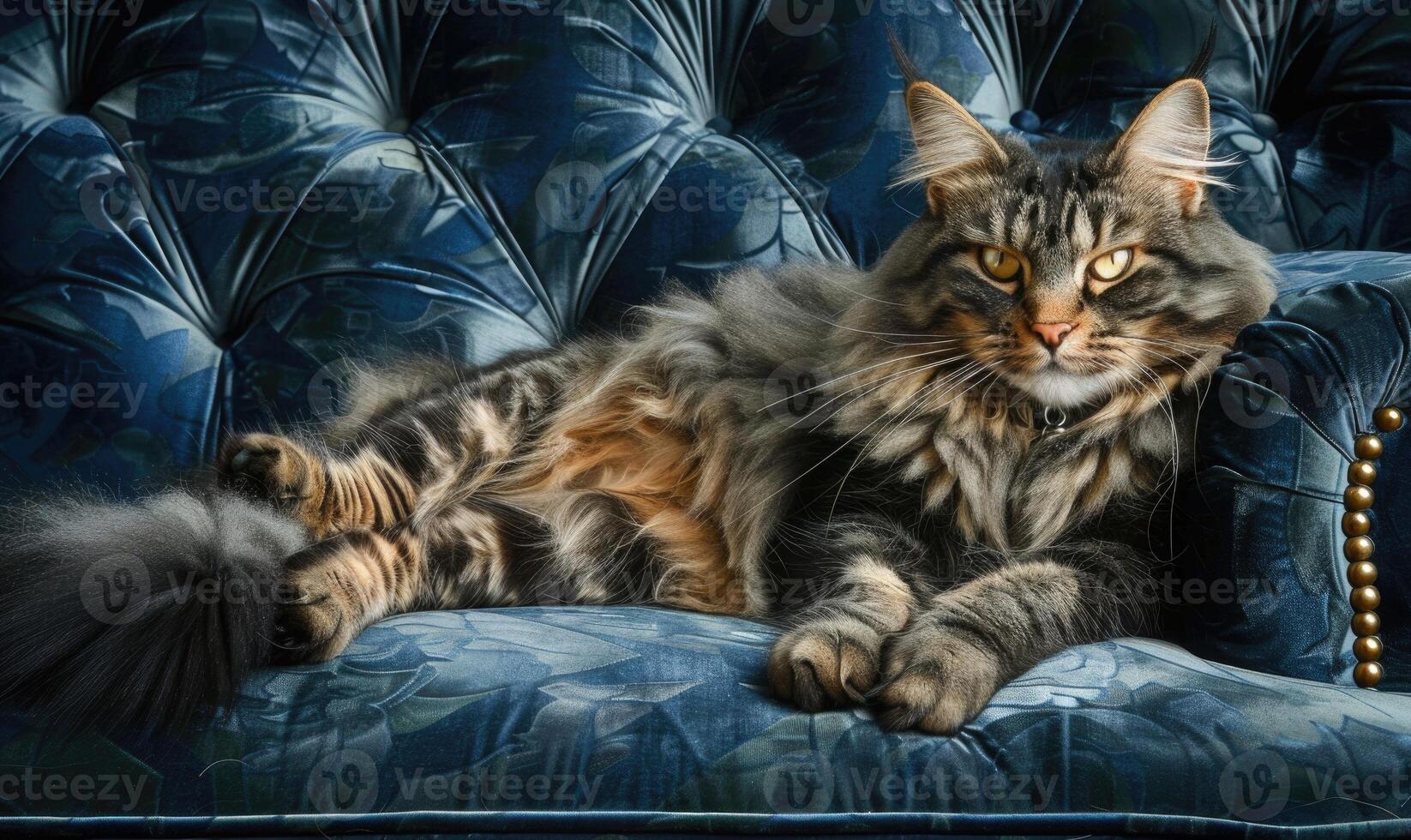 AI generated Maine Coon cat with luxurious fur reclining on a plush velvet sofa photo