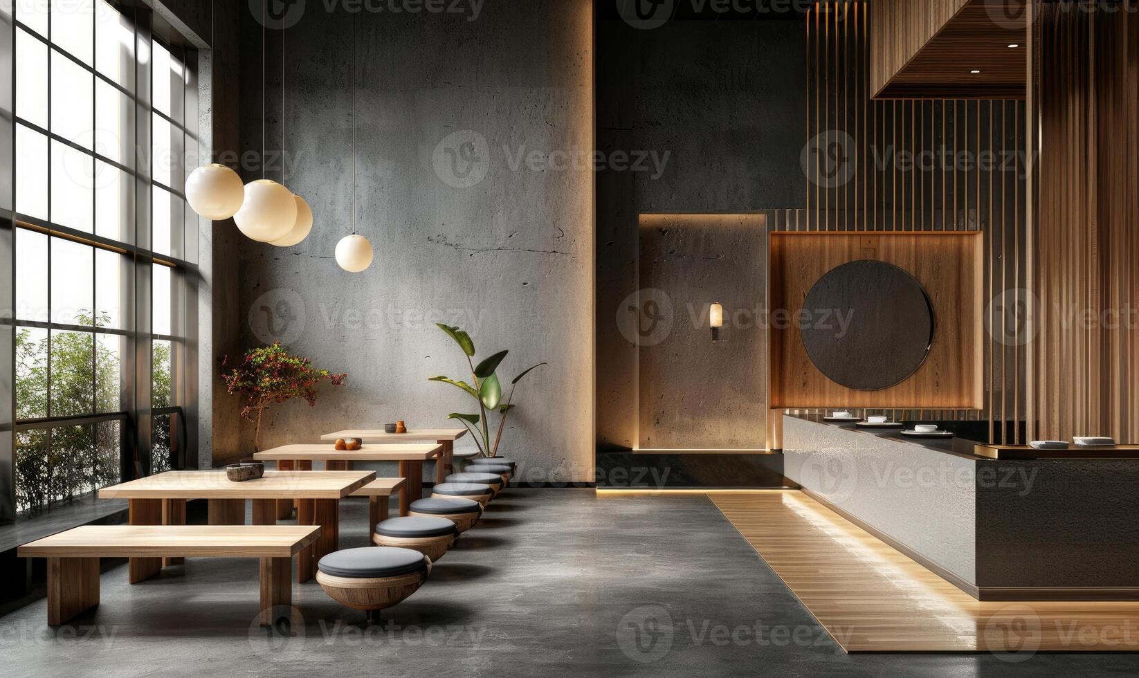 AI generated Interior of modern cafe with wooden and concrete walls, concrete floor photo