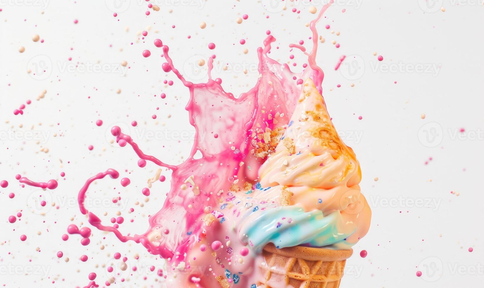 AI generated Ice cream cone explosion on white background photo