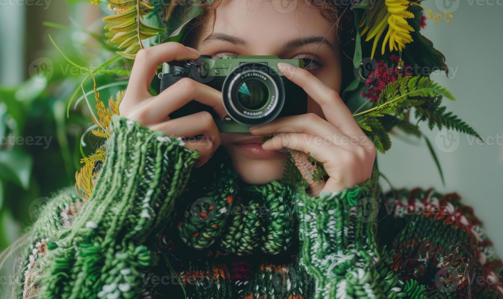 AI generated Portrait of a beautiful girl in a green knitted sweater with a camera in her hands. photo
