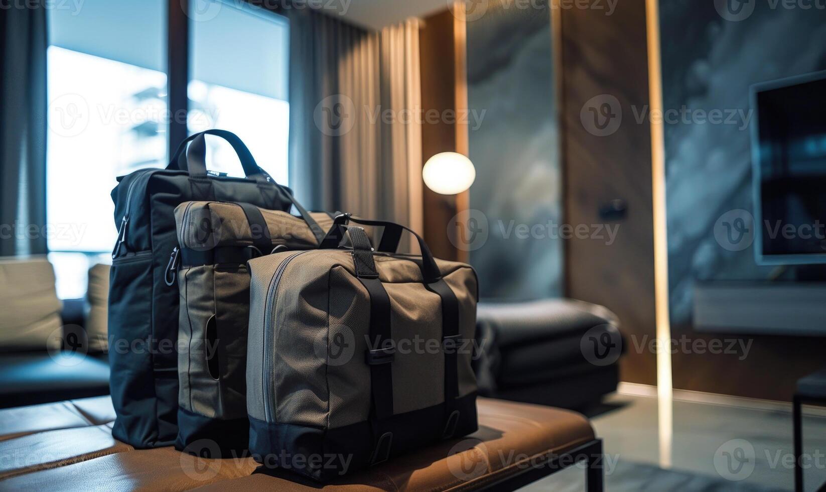 AI generated travel bag on the sofa in hotel room, travel and tourism concept photo