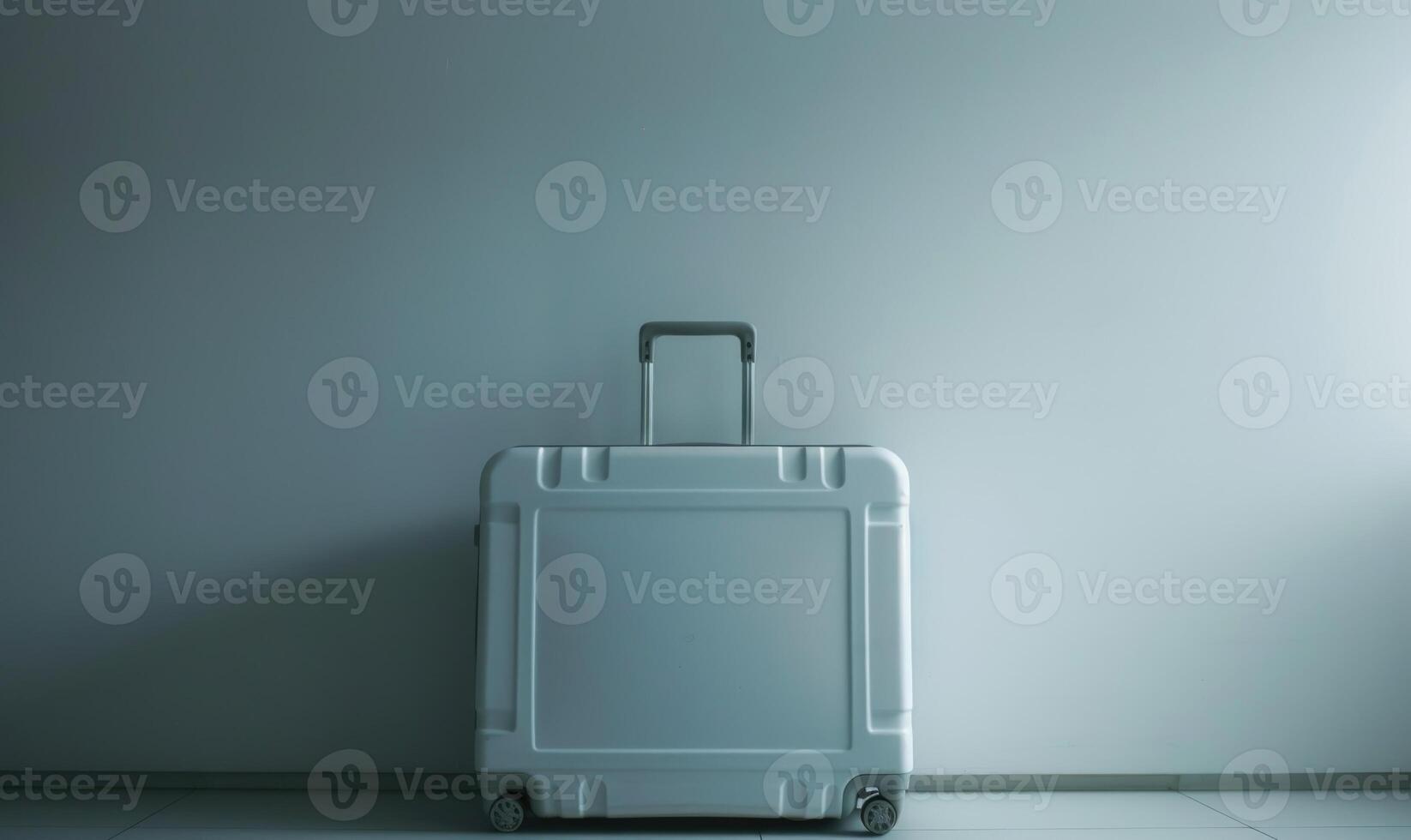 AI generated Travel suitcase on wheels in front of a white wall with shadow. photo