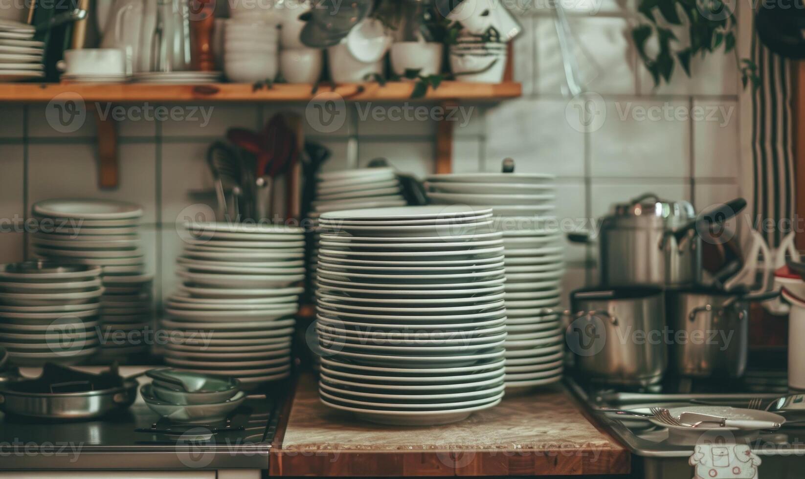 AI generated Close-up of stack of clean white dishes in modern kitchen. photo