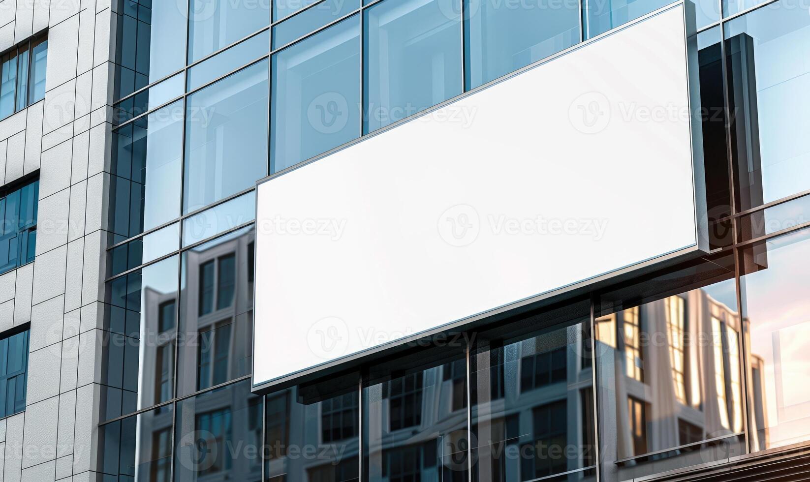 AI generated Blank screen banner mockup displayed on the modern building facade. Close Up view. photo