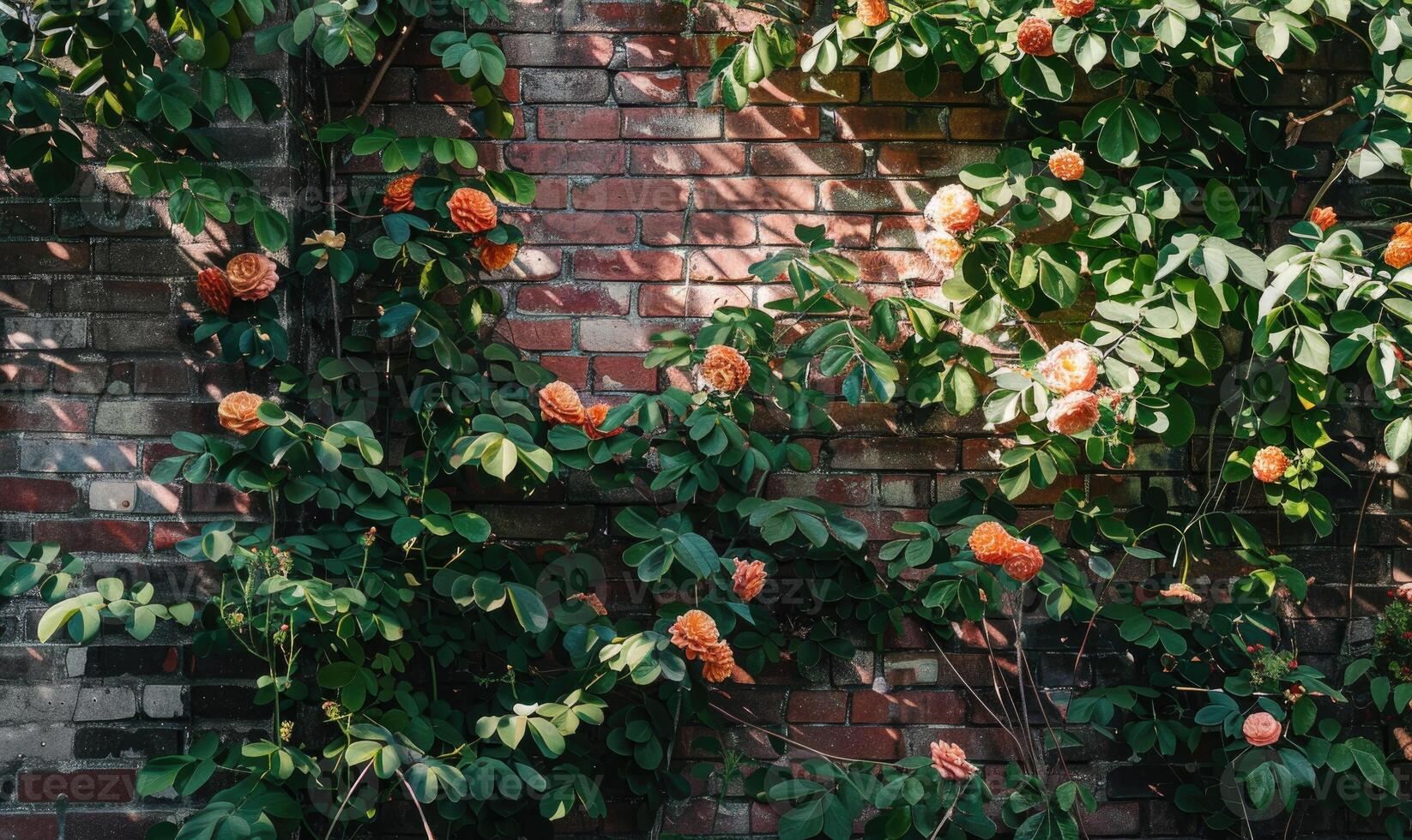 AI generated Beautiful orange roses in the garden on brick wall background with copy space photo