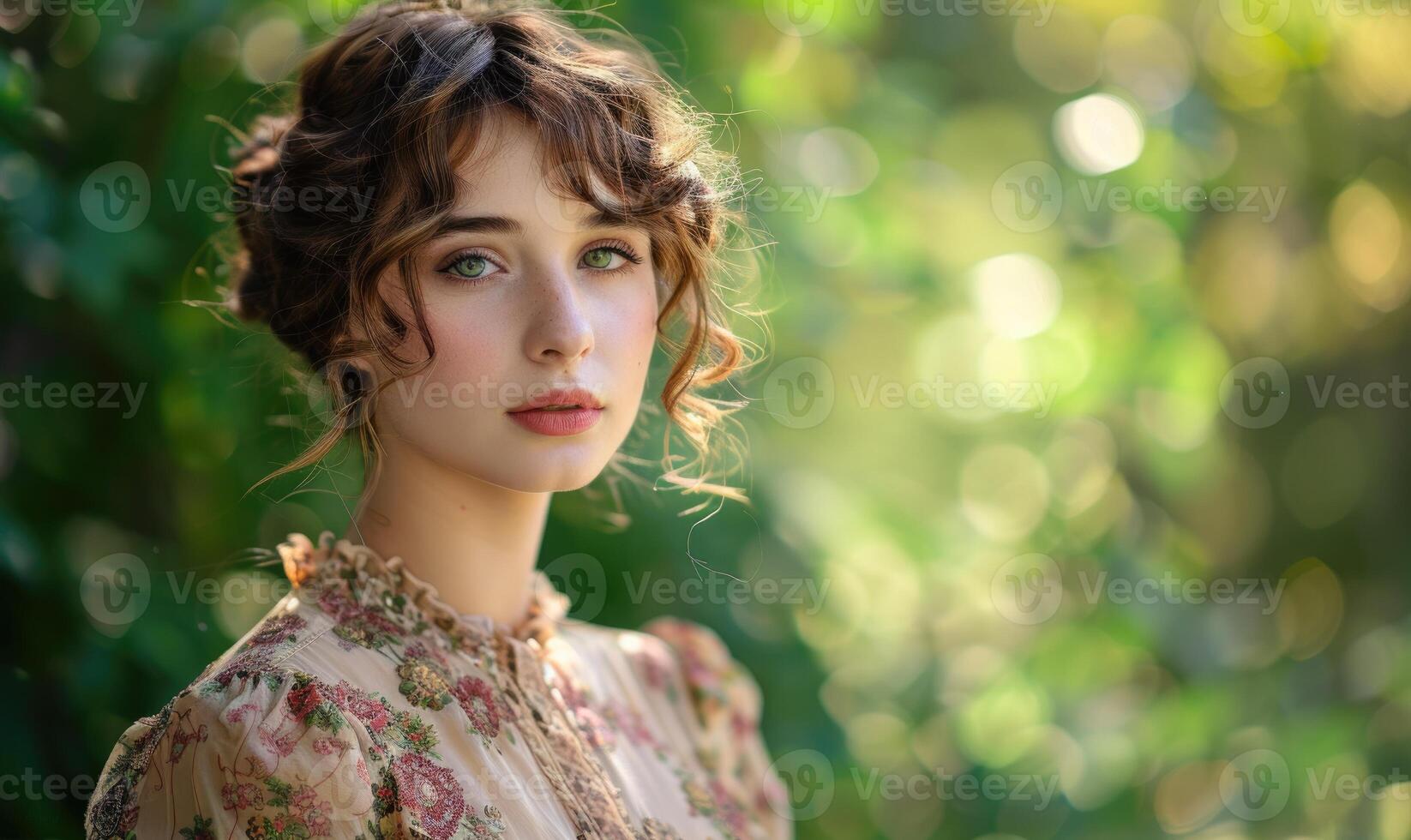 AI generated Portrait of beautiful young woman with curly hair in vintage dress. photo