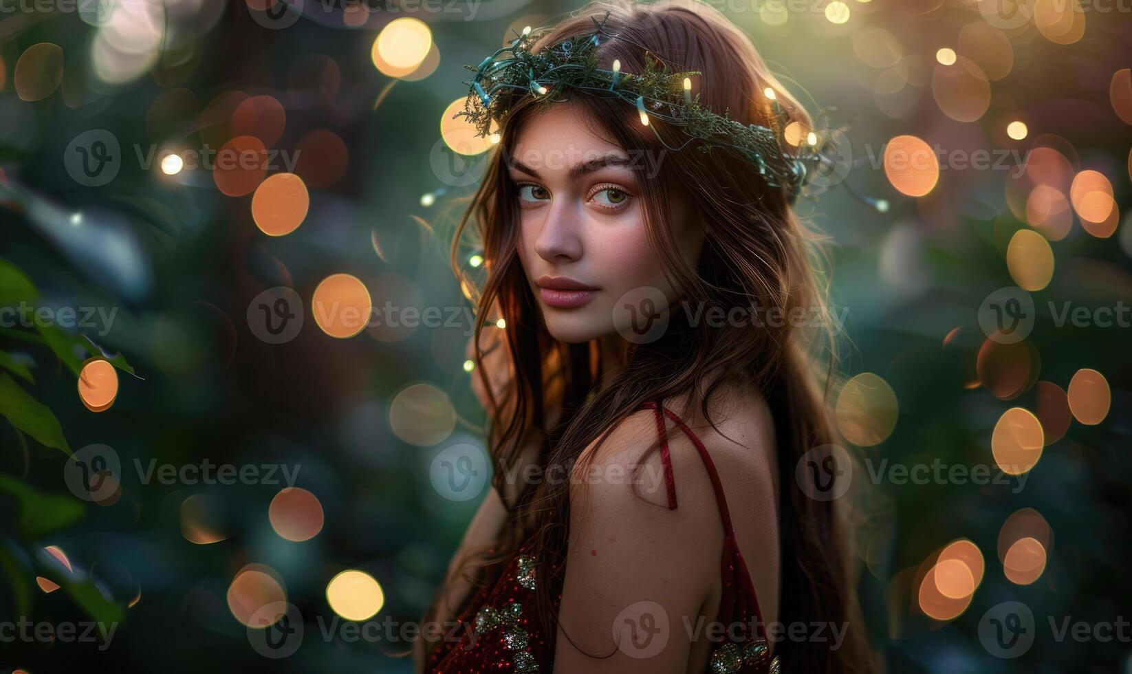 AI generated Beautiful young woman in a wreath on her head with bokeh background photo
