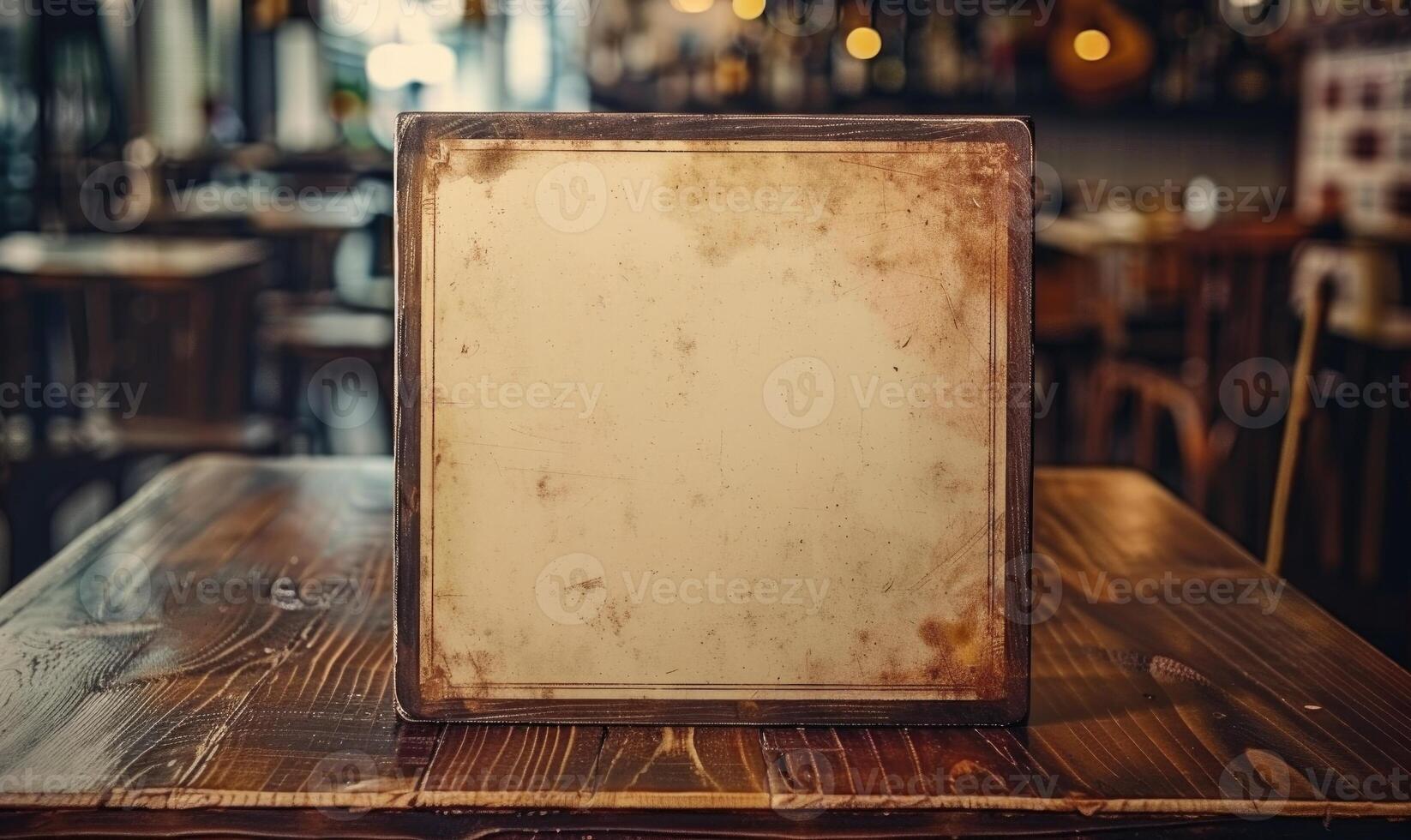 AI generated Blank frame on wooden table in cafe. Mockup for design photo